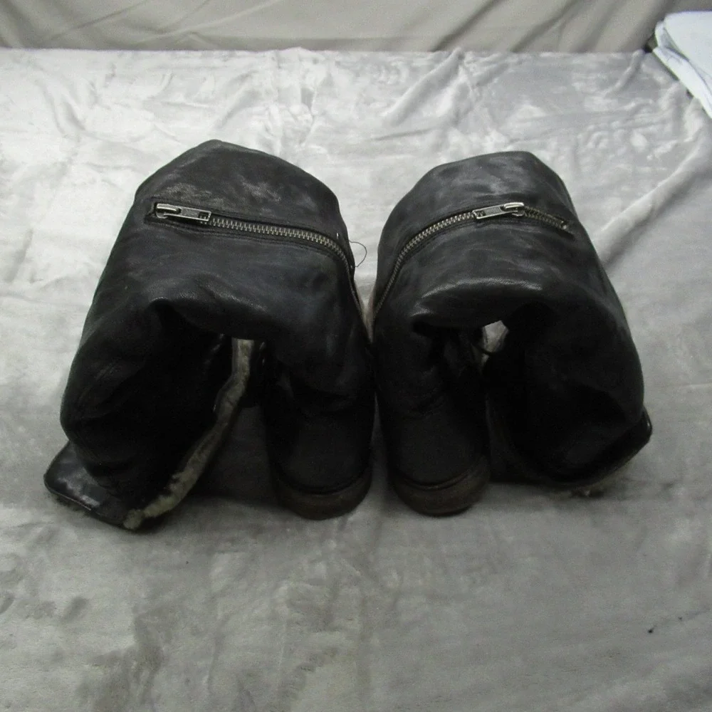 FRYE Women 6.5B Black Valerie Boots Knee Fold Over Shearling Fur Zip Buckle Pull